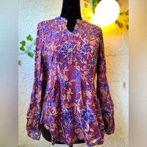 Red wine top, purple and gold retro floral print. long sleeve. Vintage hippie